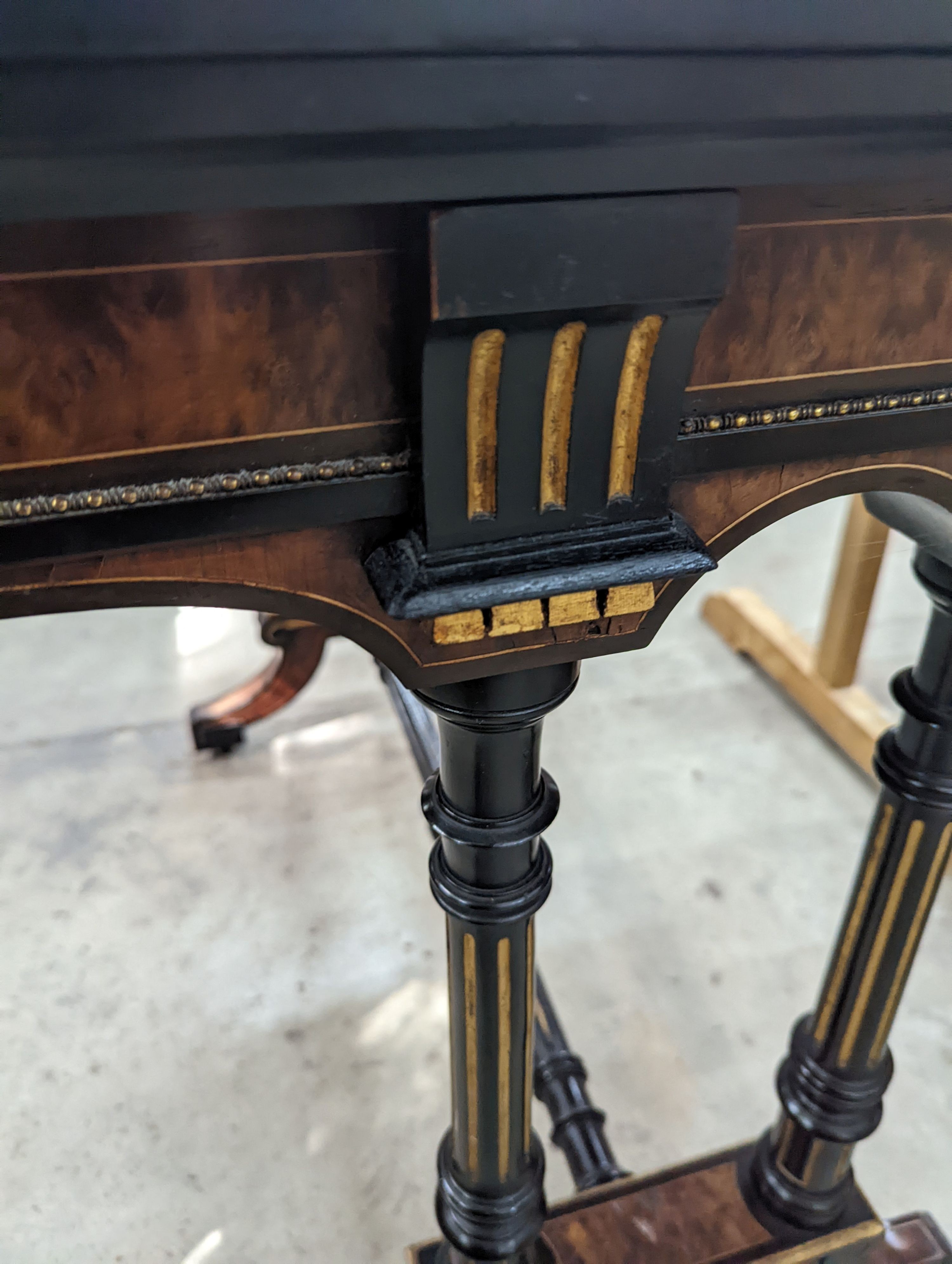 A late Victorian ebonised and bird's eye maple folding writing / card table, width 91cm, depth 48cm, height 75cm